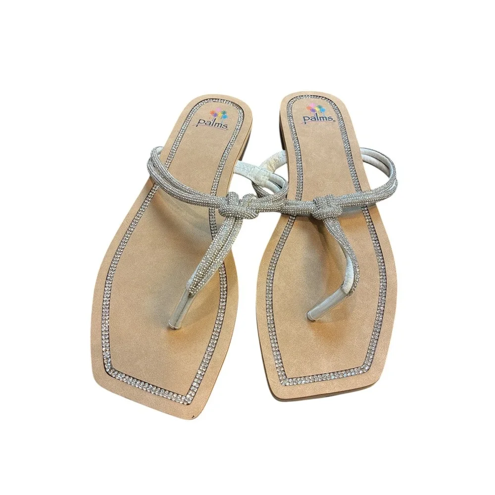 Palms Women Rhinestone Embellished Thong Sandals Square Toe Flat Slip On Shoe 10 - Picture 5 of 6